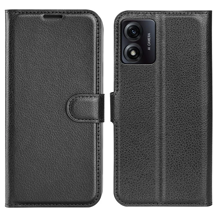 Handyhalter-Hülle für Motorola Moto E13 4G, Wallet-Funktion, Litchi-Textur-Leder-Schale - Schwarz