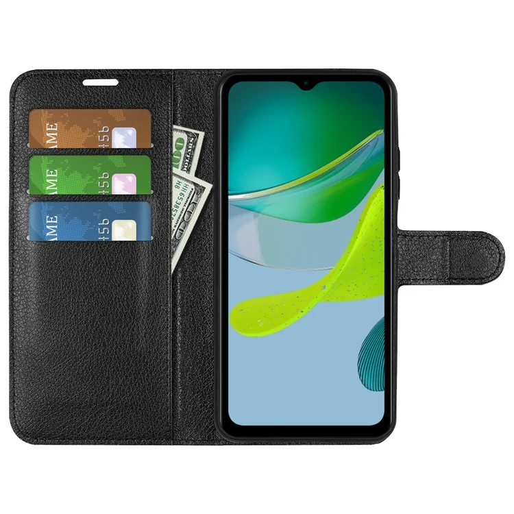 Handyhalter-Hülle für Motorola Moto E13 4G, Wallet-Funktion, Litchi-Textur-Leder-Schale - Schwarz