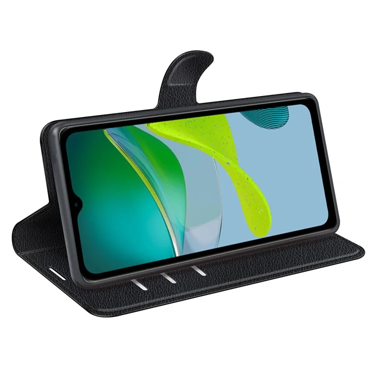 Handyhalter-Hülle für Motorola Moto E13 4G, Wallet-Funktion, Litchi-Textur-Leder-Schale - Schwarz