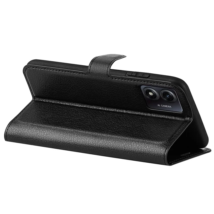 Handyhalter-Hülle für Motorola Moto E13 4G, Wallet-Funktion, Litchi-Textur-Leder-Schale - Schwarz
