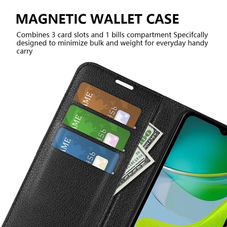 Handyhalter-Hülle für Motorola Moto E13 4G, Wallet-Funktion, Litchi-Textur-Leder-Schale - Schwarz
