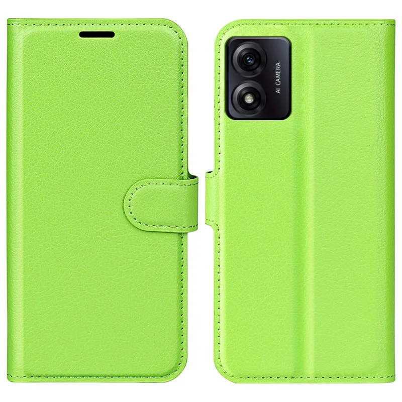 Phone Stand Case til Motorola Moto E13 4G, Lommebogsfunktion med Læderluk for Litchi-struktur - Grøn