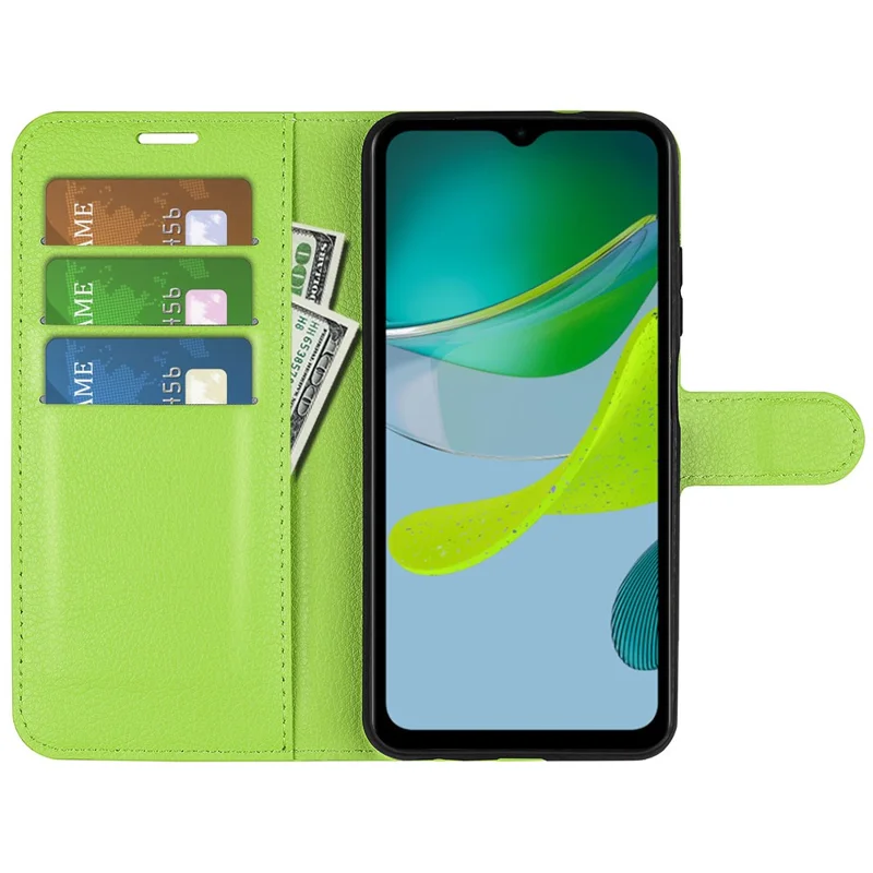 Phone Stand Case til Motorola Moto E13 4G, Lommebogsfunktion med Læderluk for Litchi-struktur - Grøn