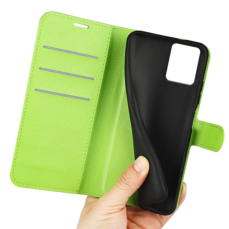 Phone Stand Case til Motorola Moto E13 4G, Lommebogsfunktion med Læderluk for Litchi-struktur - Grøn