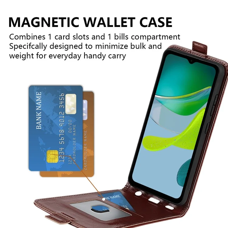 Para Motorola Moto E13 4G Vertical Flip Phone Case Crazy Horse Texture Card Holder Leather Cover - Marrón