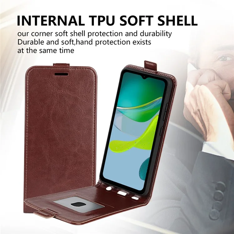 Para Motorola Moto E13 4G Vertical Flip Phone Case Crazy Horse Texture Card Holder Leather Cover - Marrón