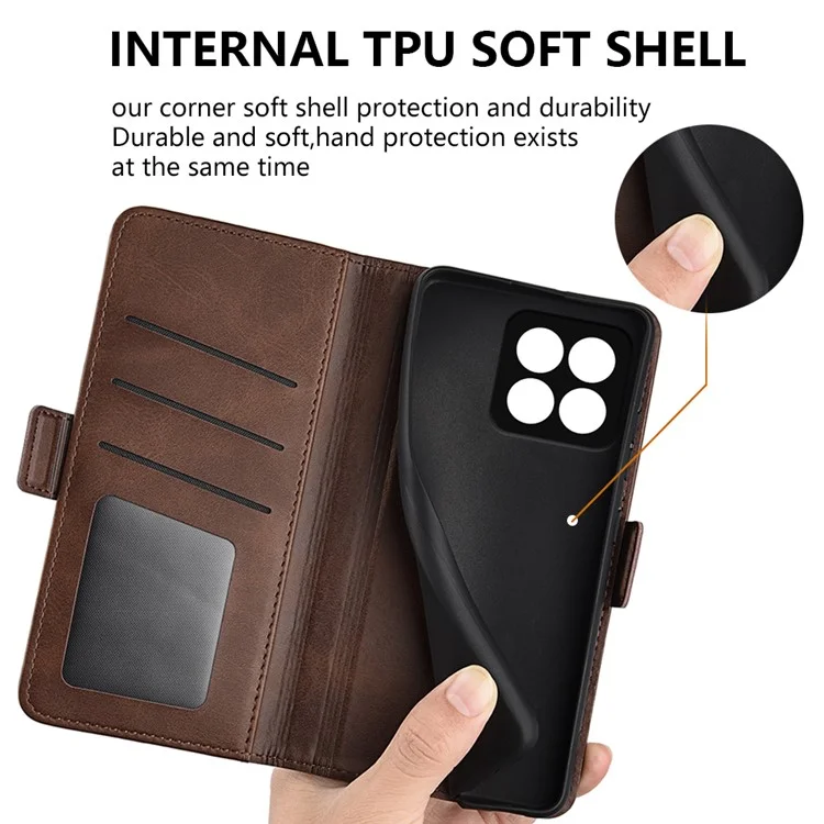 Funda de teléfono de cuero sintético con textura de becerro Para Honor X8a 4G, cierre magnético doble y soporte plegable - Marrón 