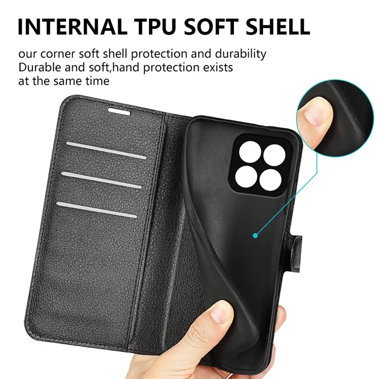 Cell Phone Case Bag for Honor X8a 4G , Litchi Texture Wallet Leather Stand Phone Cover - Black