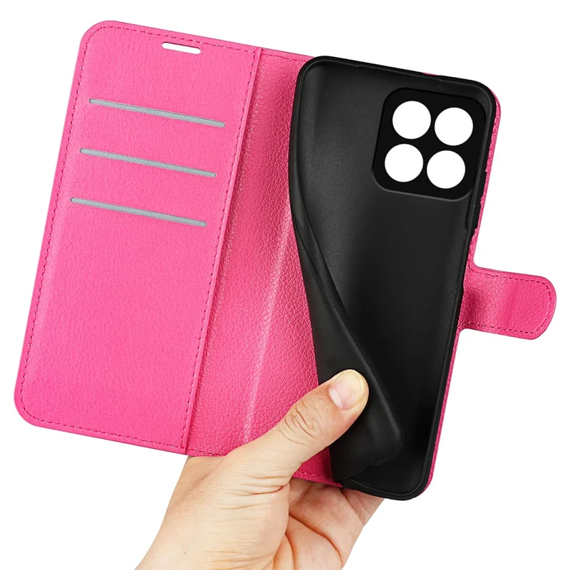 Cell Phone Case Bag for Honor X8a 4G , Litchi Texture Wallet Leather Stand Phone Cover - Rose