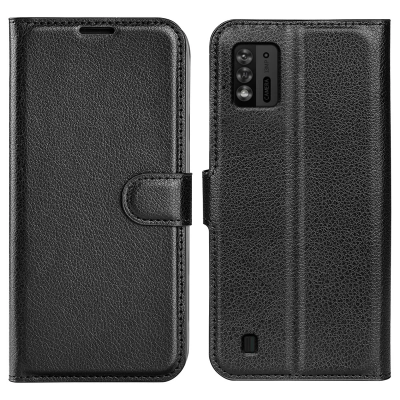 For ZTE Blade A52 Lite 4G Phone Stand Wallet Cover Litchi Texture Leather Anti-scratch Phone Case - Black
