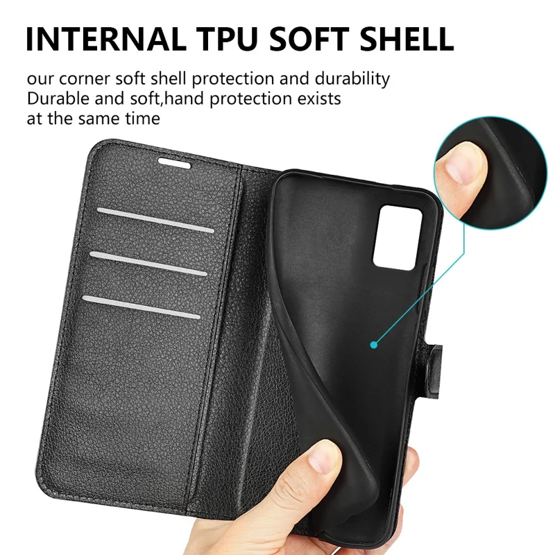 For ZTE Blade A52 Lite 4G Phone Stand Wallet Cover Litchi Texture Leather Anti-scratch Phone Case - Black