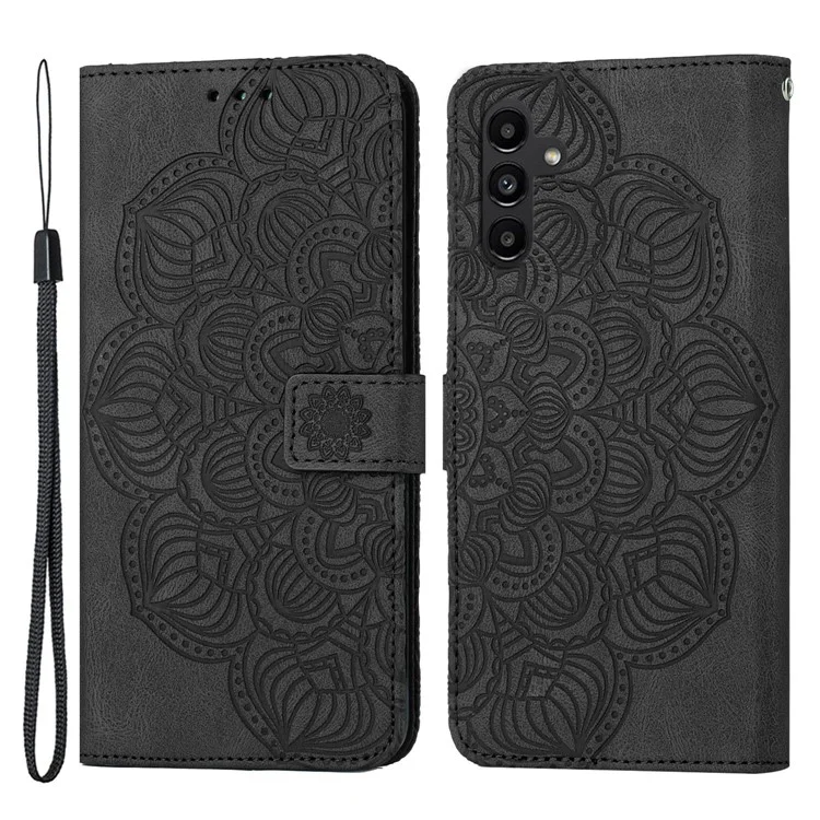 Flip Leather Phone Case For Samsung Galaxy A24 4G (162.1 x 77.6 x 8.3mm) Imprinting Mandala Flower Phone Wallet Cover Stand - Black