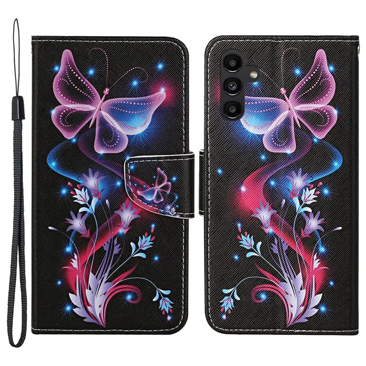 For Samsung Galaxy A24 4G (162.1 x 77.6 x 8.3mm) Wallet Phone Case PU Leather Pattern Printing Stand Flip Cover - Fluorescent Butterflies