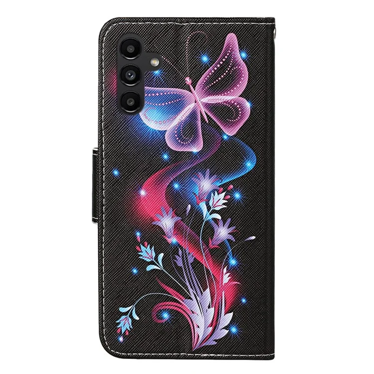 For Samsung Galaxy A24 4G (162.1 x 77.6 x 8.3mm) Wallet Phone Case PU Leather Pattern Printing Stand Flip Cover - Fluorescent Butterflies
