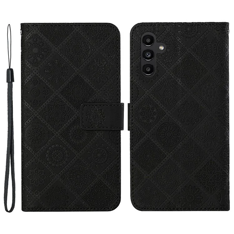Drop-proof Phone Case For Samsung Galaxy A24 4G (162.1 x 77.6 x 8.3mm) Imprinted Flower Leather Phone Cover with Stand Wallet - Black