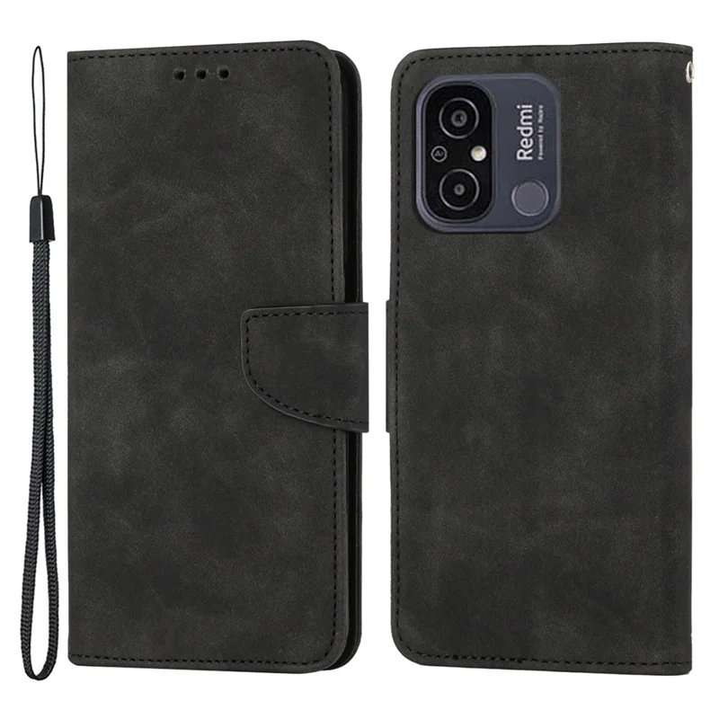 غطاء هاتف بتصميم محفظة واقٍ بالكامل لهاتف Xiaomi Redmi 12C 4G، غطاء هاتف من الجلد بلون أسود مع دعم للوضع الرأسي