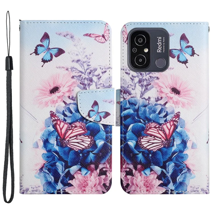 Für Xiaomi Redmi 12C 4G PU-Leder-Flip-Handyhülle mit Musteraufdruck, Standfunktion, Handschlaufe und Brieftasche - Lila Schmetterlinge