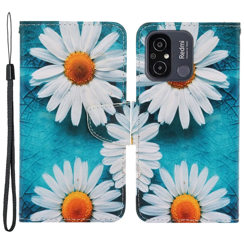 For Xiaomi Redmi 12C 4G PU Leather Flip Phone Case Pattern Printing Stand Wrist Strap Wallet Cover - Chrysanthemum