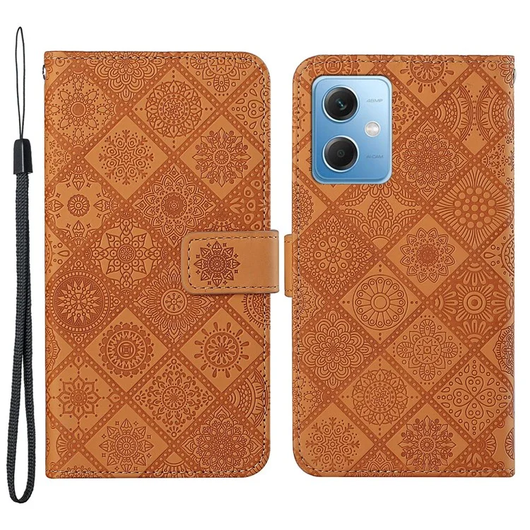 For Xiaomi Redmi Note 12 5G (Global) / (India) / (China) / Poco X5 5G Imprinted Flower Leather Phone Cover with Stand Wallet - Brown