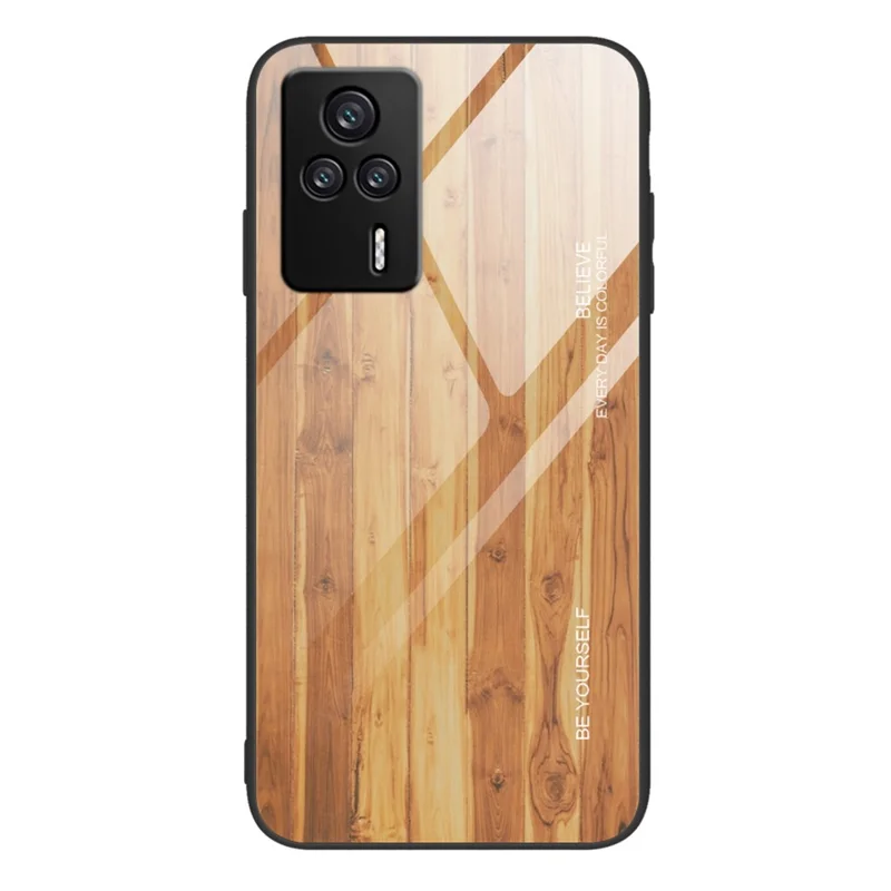 Protective Phone Case For Xiaomi Redmi K60E 5G Wooden Pattern Tempered Glass + TPU Phone Cover - Brown