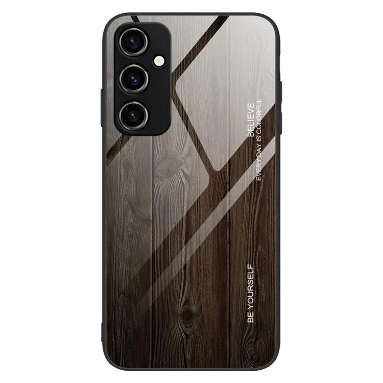 For Samsung Galaxy A14 5G / A14 4G Wooden Pattern Tempered Glass + TPU Protective Cover Anti-scratch Phone Case - Black