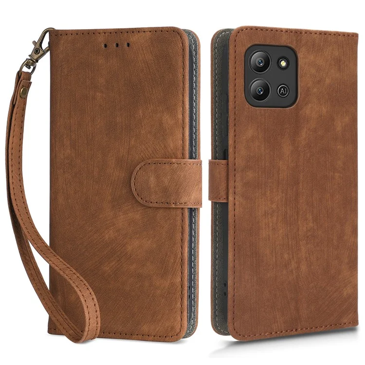 Para Infinix Hot 11 2022 4G X675 Funda de teléfono con correa de mano de cartera de cuero PU anti-caída con bloqueo RFID - Marrón