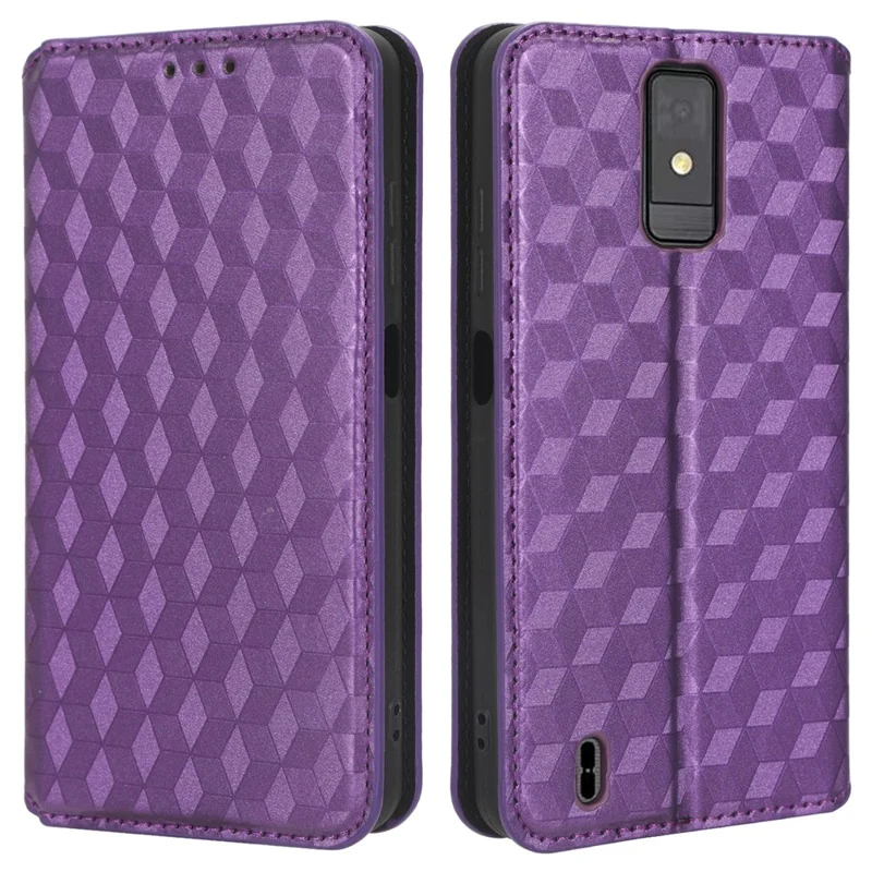 For ZTE Blade A32 Phone Leather Case Imprinted Rhombus Pattern Wallet Stand Protective Phone Cover - Purple