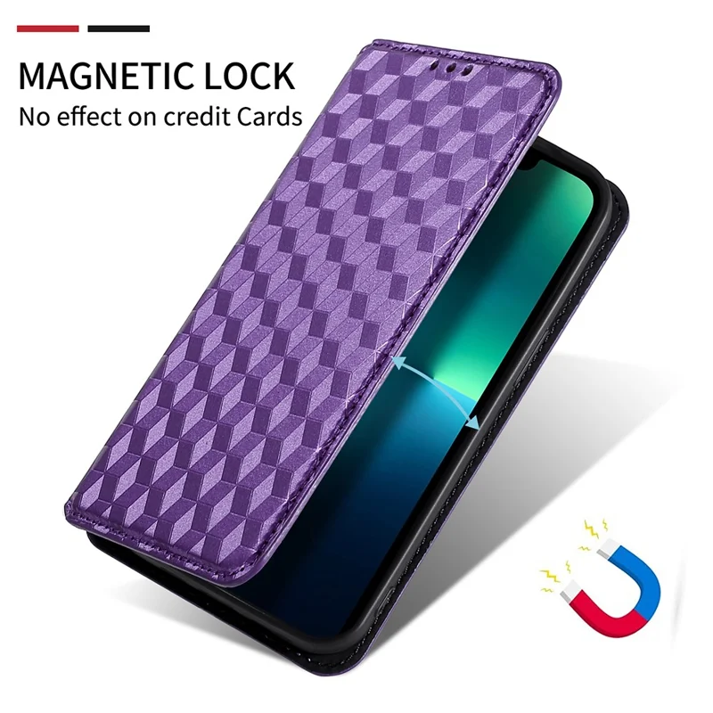 For ZTE Blade A32 Phone Leather Case Imprinted Rhombus Pattern Wallet Stand Protective Phone Cover - Purple
