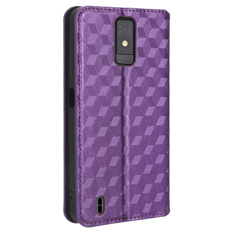 For ZTE Blade A32 Phone Leather Case Imprinted Rhombus Pattern Wallet Stand Protective Phone Cover - Purple