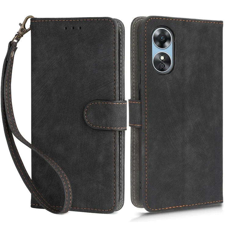 Per Oppo A17 4G / A17k 4G Cover del telefono Custodia in pelle PU con blocco RFID Supporto per telefono con cinghia - Nero