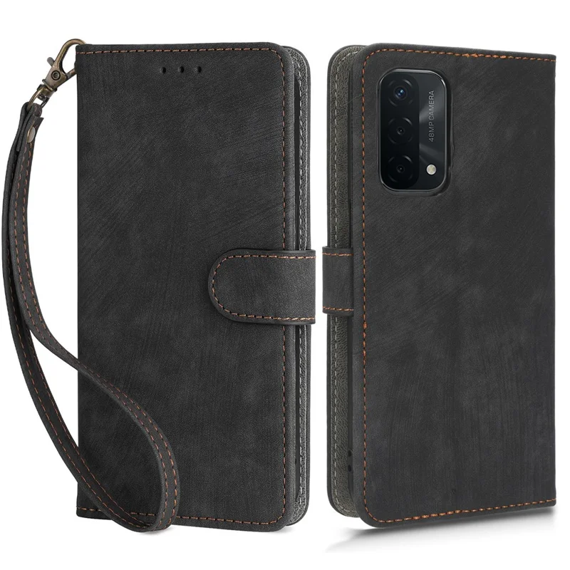 For Oppo A93 5G / A74 5G / A54 5G Phone Wallet Case RFID Blocking PU Leather Stand Cover with Strap - Black