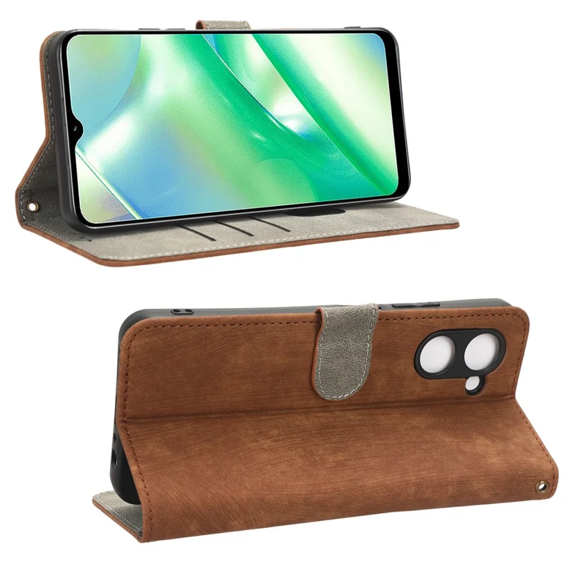 For Realme C33 2023 4G / C33 4G PU Leather RFID Blocking Phone Case Stand Wallet Cell Phone Cover with Strap - Brown