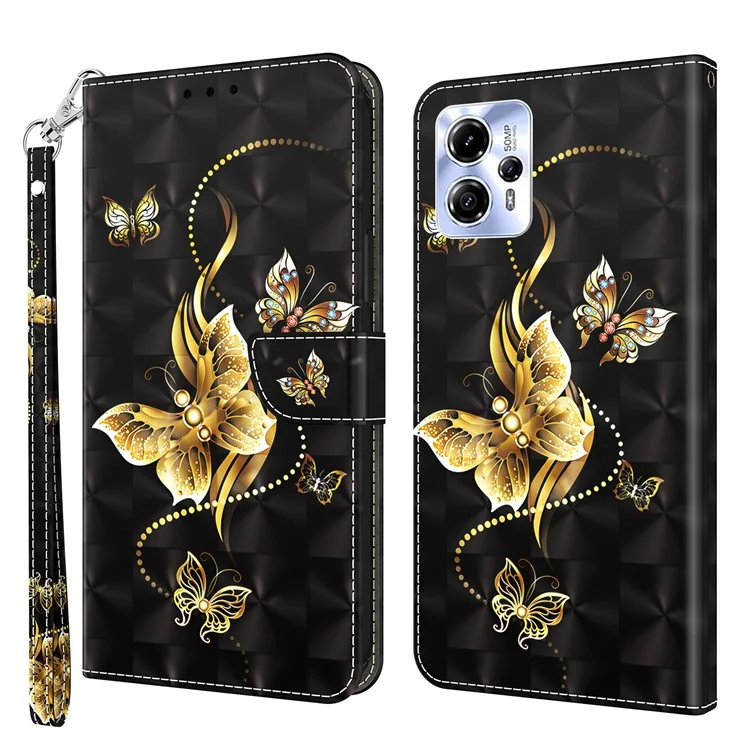 Для Motorola Moto G13 4G / G23 4G Anto-drop Phone Case 3D Pattern Printing Flip Wallet Cover Stand with Strap - Golden Butterfly