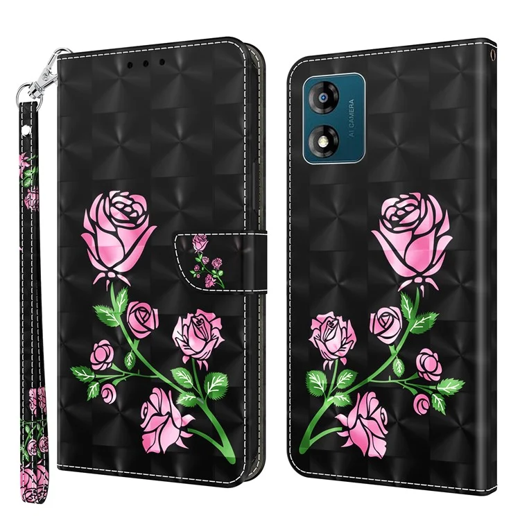 Mobile Phone Case For Motorola Moto E13 4G 3D Pattern Printing Shockproof Phone Cover Stand Wallet - Rose Flower
