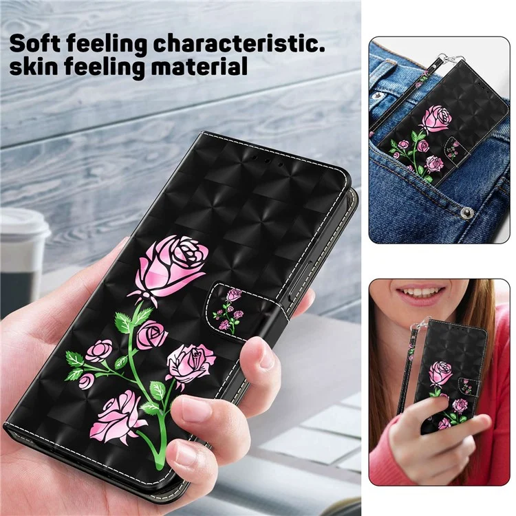 Mobile Phone Case For Motorola Moto E13 4G 3D Pattern Printing Shockproof Phone Cover Stand Wallet - Rose Flower