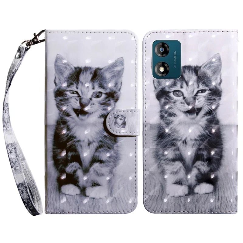 Mobile Phone Case For Motorola Moto E13 4G 3D Pattern Printing Shockproof Phone Cover Stand Wallet - Cat