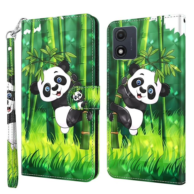 Para Motorola Moto E13 4G 3D Pattern Printing Anti-drop Cover PU Leather Stand Wallet Phone Case with Strap - Panda Climbing