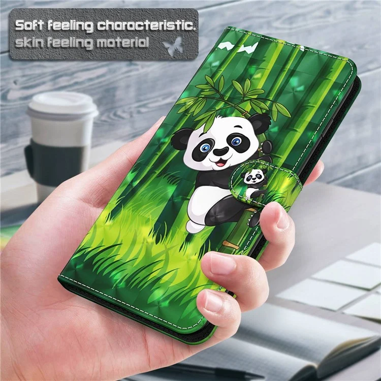 Para Motorola Moto E13 4G 3D Pattern Printing Anti-drop Cover PU Leather Stand Wallet Phone Case with Strap - Panda Climbing