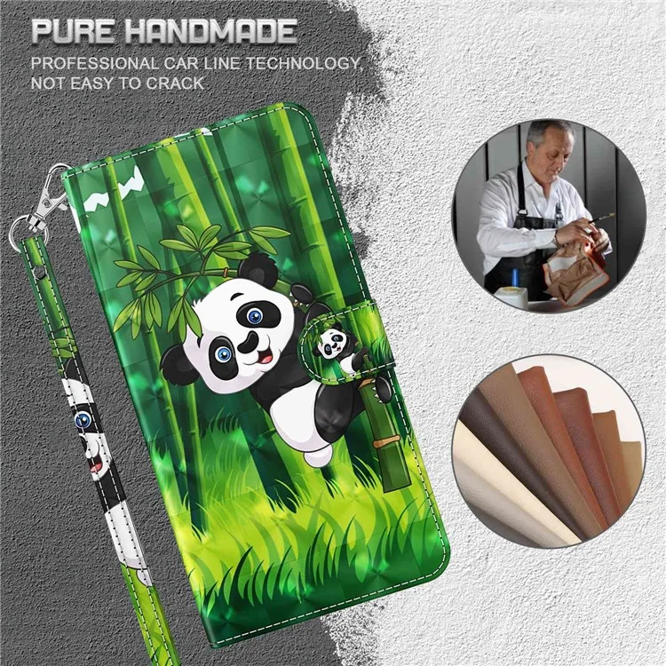 Para Motorola Moto E13 4G 3D Pattern Printing Anti-drop Cover PU Leather Stand Wallet Phone Case with Strap - Panda Climbing
