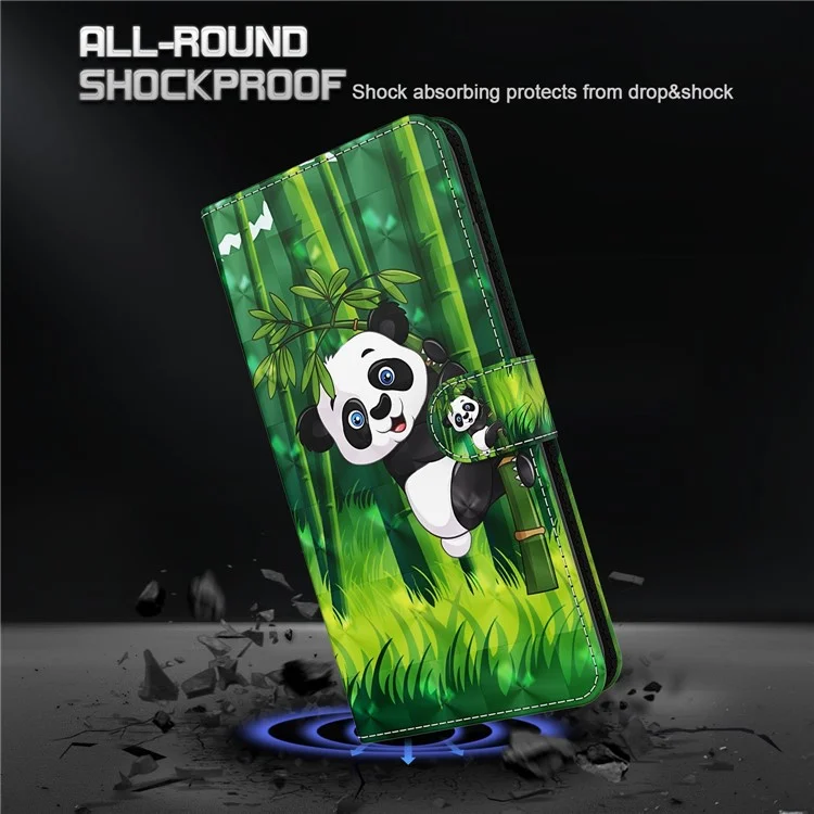 Para Motorola Moto E13 4G 3D Pattern Printing Anti-drop Cover PU Leather Stand Wallet Phone Case with Strap - Panda Climbing