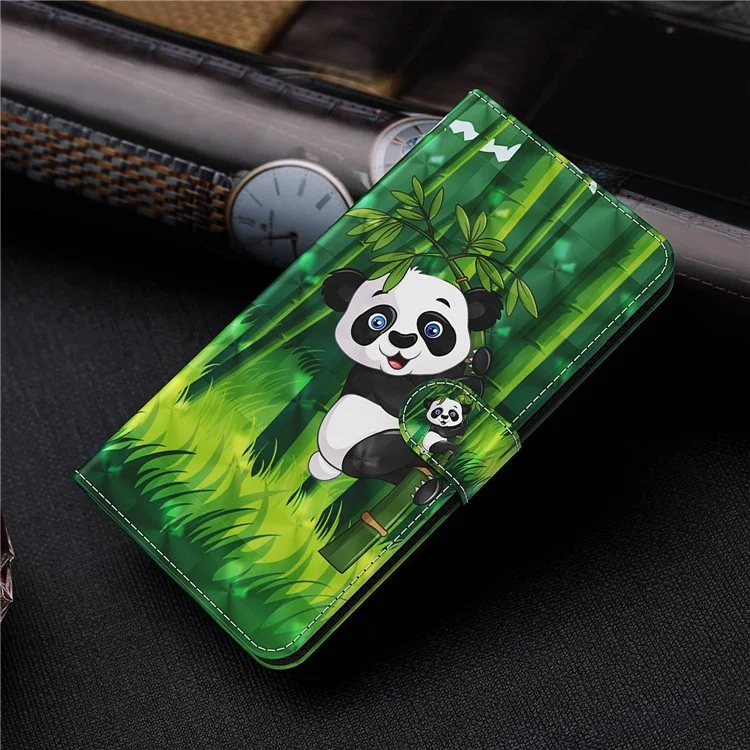 Para Motorola Moto E13 4G 3D Pattern Printing Anti-drop Cover PU Leather Stand Wallet Phone Case with Strap - Panda Climbing