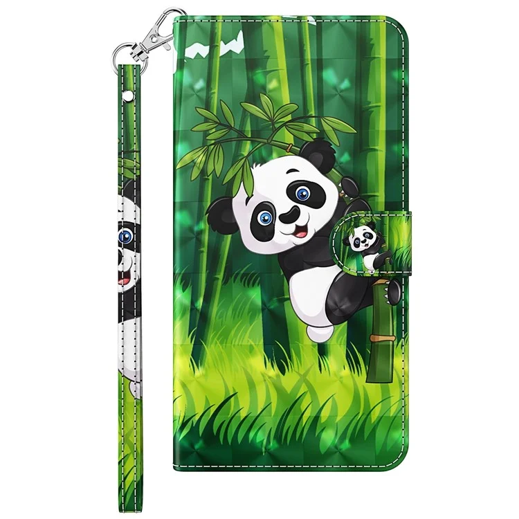 Para Motorola Moto E13 4G 3D Pattern Printing Anti-drop Cover PU Leather Stand Wallet Phone Case with Strap - Panda Climbing