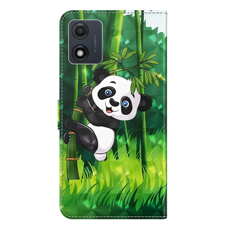 Para Motorola Moto E13 4G 3D Pattern Printing Anti-drop Cover PU Leather Stand Wallet Phone Case with Strap - Panda Climbing