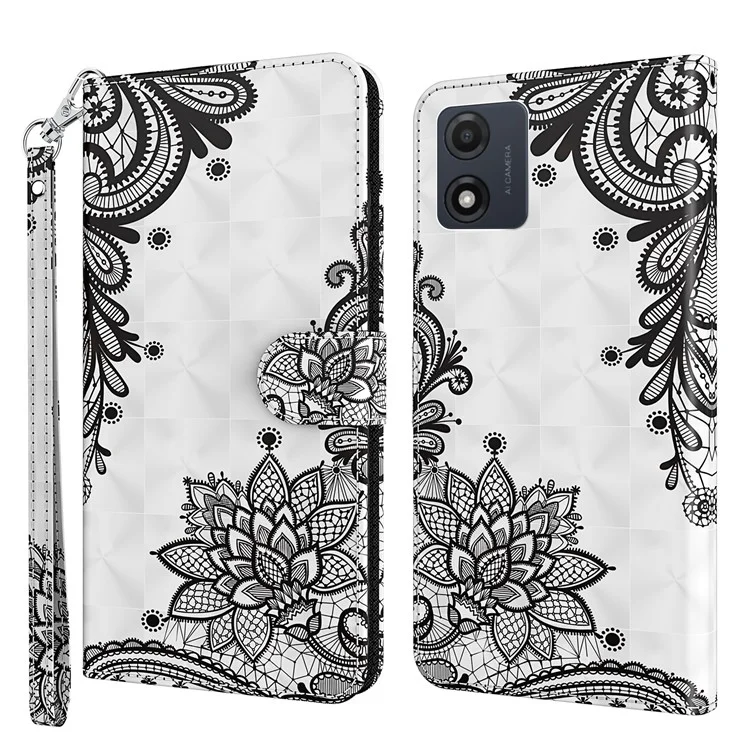 For Motorola Moto E13 4G 3D Pattern Printing Anti-drop Cover PU Leather Stand Wallet Phone Case with Strap - Lace Flower