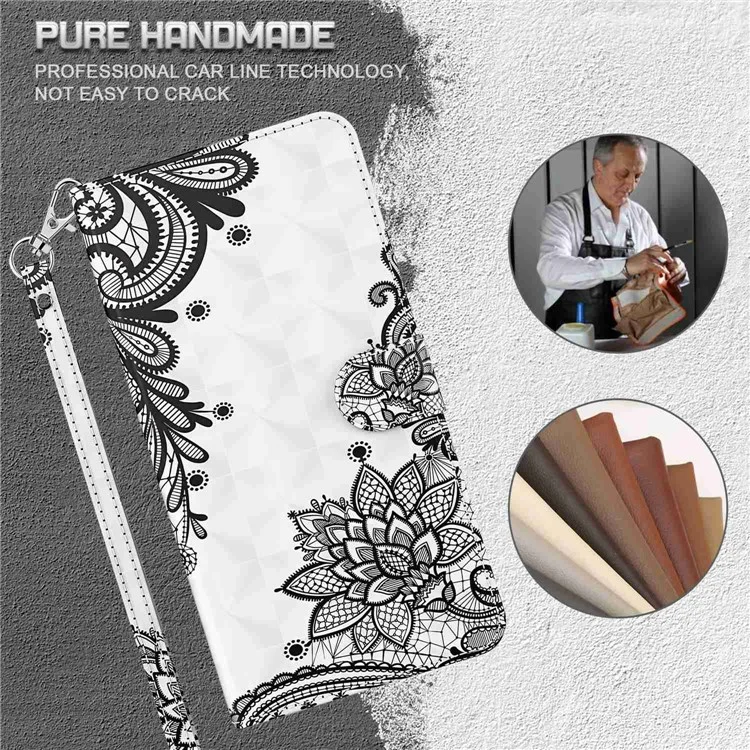 For Motorola Moto E13 4G 3D Pattern Printing Anti-drop Cover PU Leather Stand Wallet Phone Case with Strap - Lace Flower