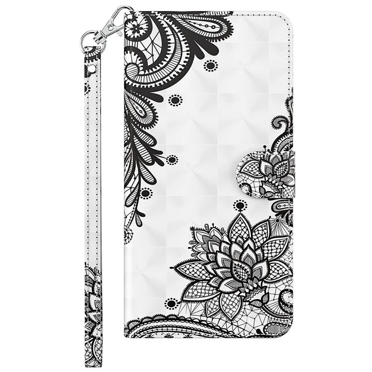 For Motorola Moto E13 4G 3D Pattern Printing Anti-drop Cover PU Leather Stand Wallet Phone Case with Strap - Lace Flower