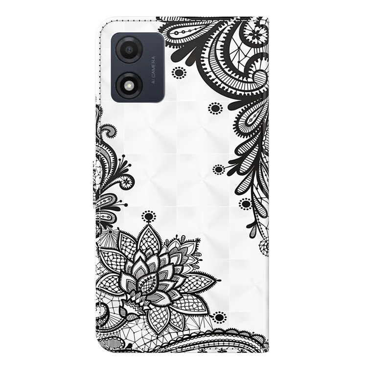 For Motorola Moto E13 4G 3D Pattern Printing Anti-drop Cover PU Leather Stand Wallet Phone Case with Strap - Lace Flower
