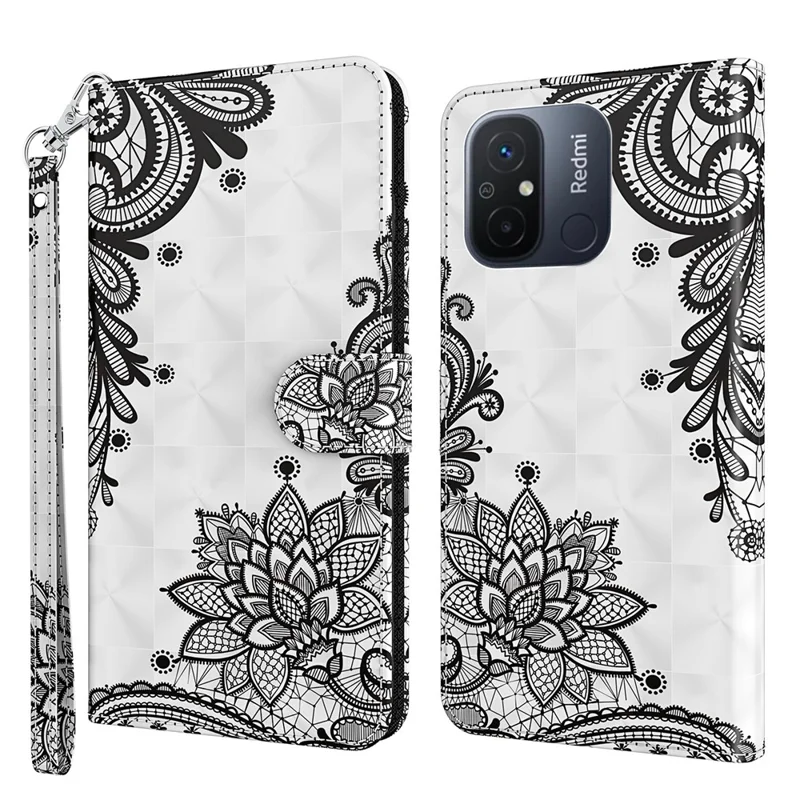 Para Xiaomi Redmi 11A 4G / 12C 4G Funda de Teléfono Flip de Cuero PU con Impresión de Patrón 3D, Soporte y Cartera - Flor de Encaje