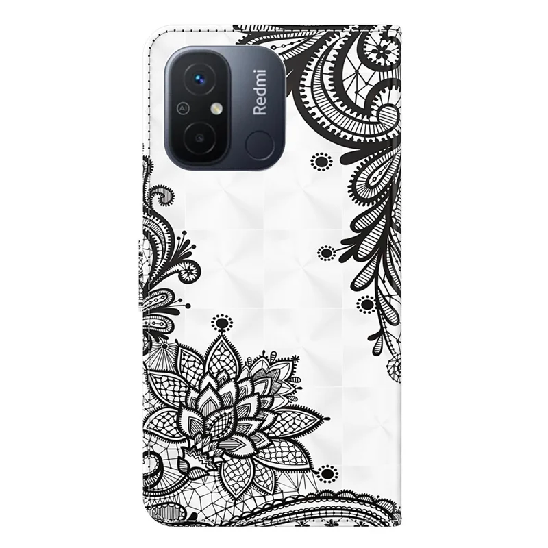 Para Xiaomi Redmi 11A 4G / 12C 4G Funda de Teléfono Flip de Cuero PU con Impresión de Patrón 3D, Soporte y Cartera - Flor de Encaje