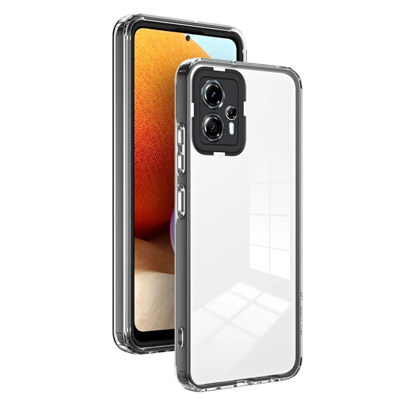 For Motorola Moto G13 4G Shockproof Phone Case 3-in-1 TPU Backplate + PC Frame + PC Camera Ring Transparent Cover - Black